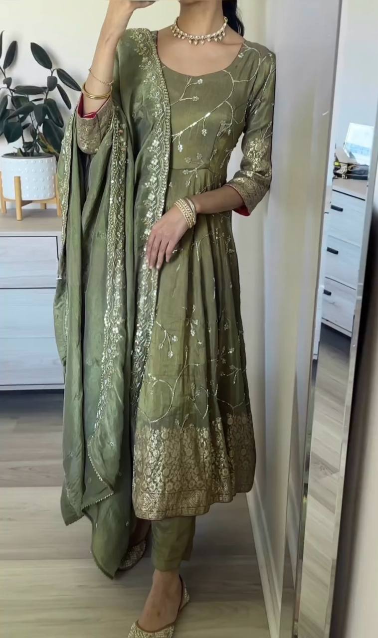 Mehendi Designer Party Wear Fancy Anarkali Gown with Dupatta & Bottom Set – Elegant Embroidered Look ClothsVilla