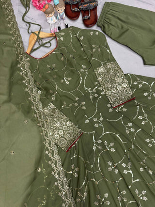 Mehendi Designer Party Wear Fancy Anarkali Gown with Dupatta & Bottom Set – Elegant Embroidered Look ClothsVilla