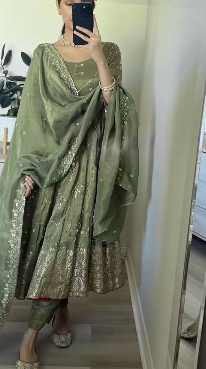 Mehendi Designer Party Wear Fancy Anarkali Gown with Dupatta & Bottom Set – Elegant Embroidered Look ClothsVilla
