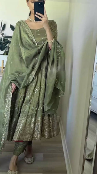 Mehendi Designer Party Wear Fancy Anarkali Gown with Dupatta & Bottom Set – Elegant Embroidered Look ClothsVilla