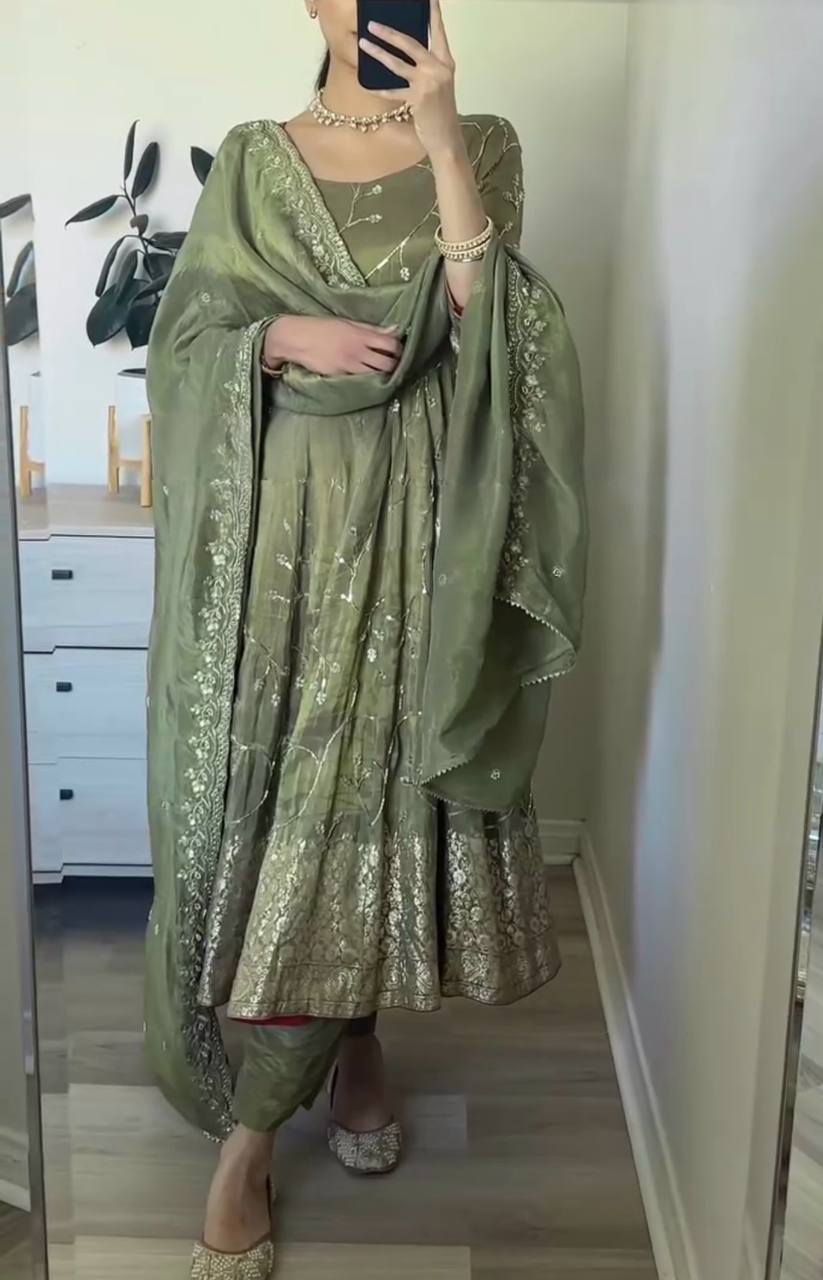 Mehendi Designer Party Wear Fancy Anarkali Gown with Dupatta & Bottom Set – Elegant Embroidered Look ClothsVilla Main image