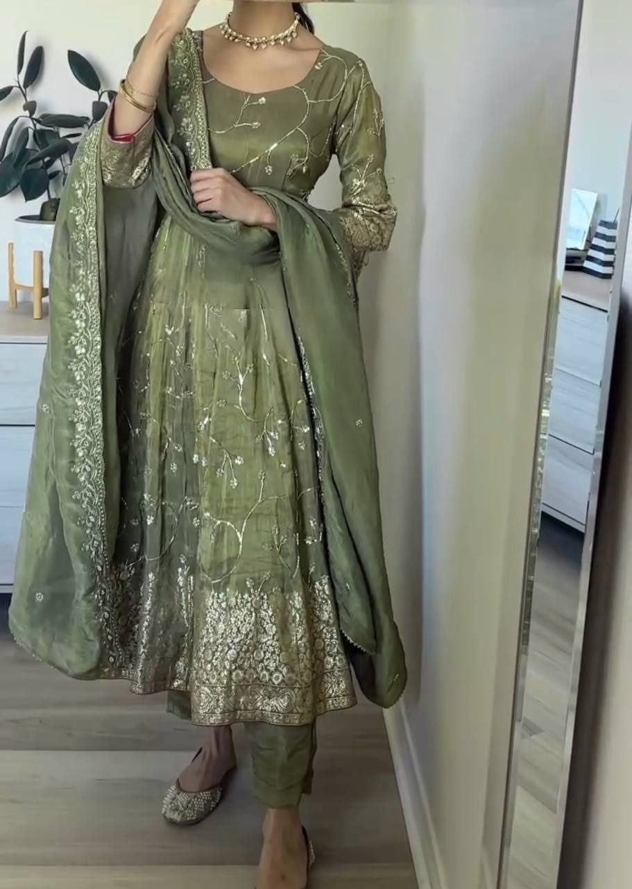 Mehendi Designer Party Wear Fancy Anarkali Gown with Dupatta & Bottom Set – Elegant Embroidered Look ClothsVilla