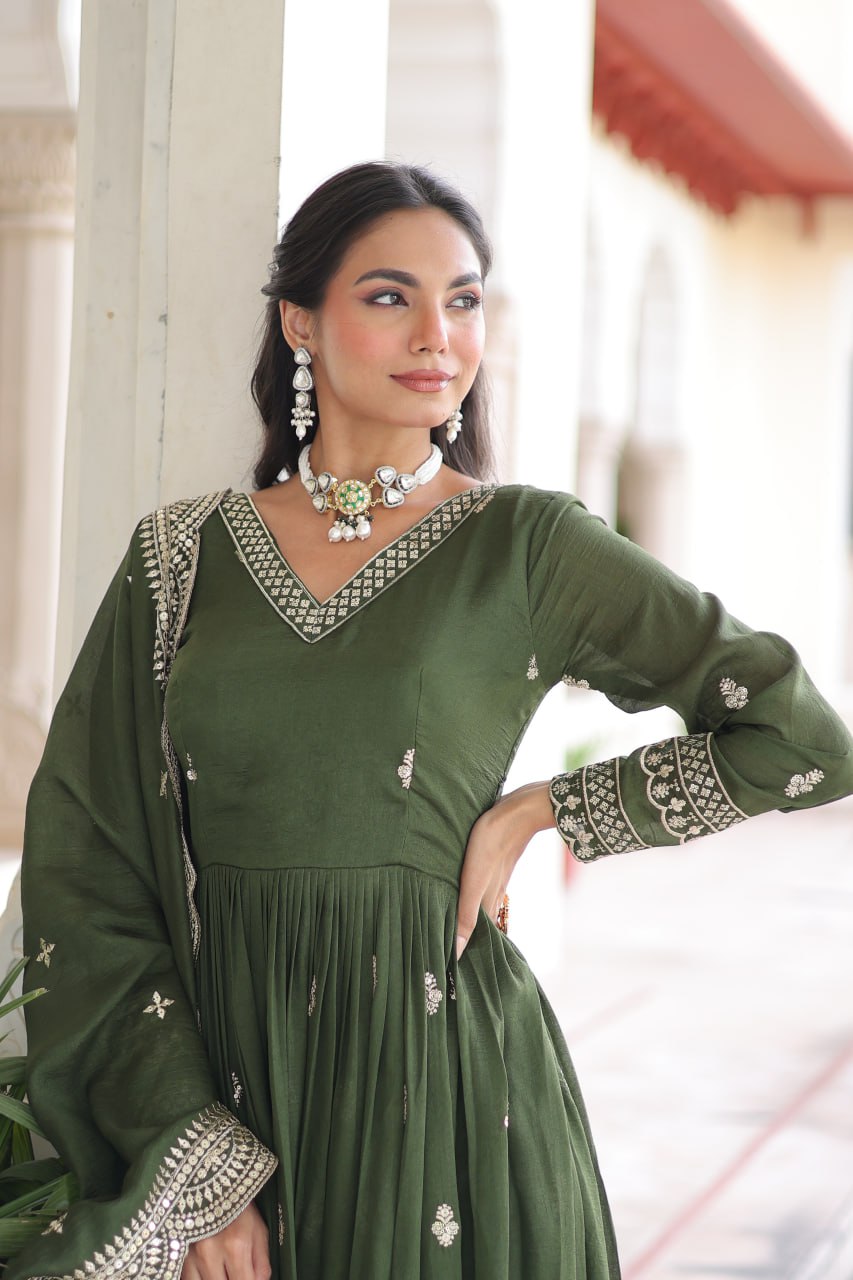 Mehendi Designer Vichitra Silk Embroidered Anarkali Gown with Sequins Zari Cut-Work Dupatta – Fully Stitched Festive Wear ClothsVilla