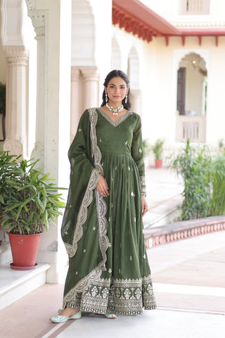 Mehendi Designer Vichitra Silk Embroidered Anarkali Gown with Sequins Zari Cut-Work Dupatta – Fully Stitched Festive Wear ClothsVilla