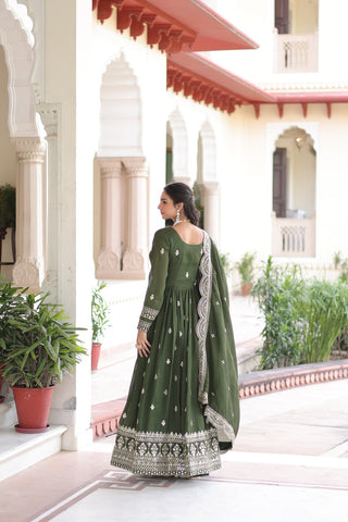Mehendi Designer Vichitra Silk Embroidered Anarkali Gown with Sequins Zari Cut-Work Dupatta – Fully Stitched Festive Wear ClothsVilla