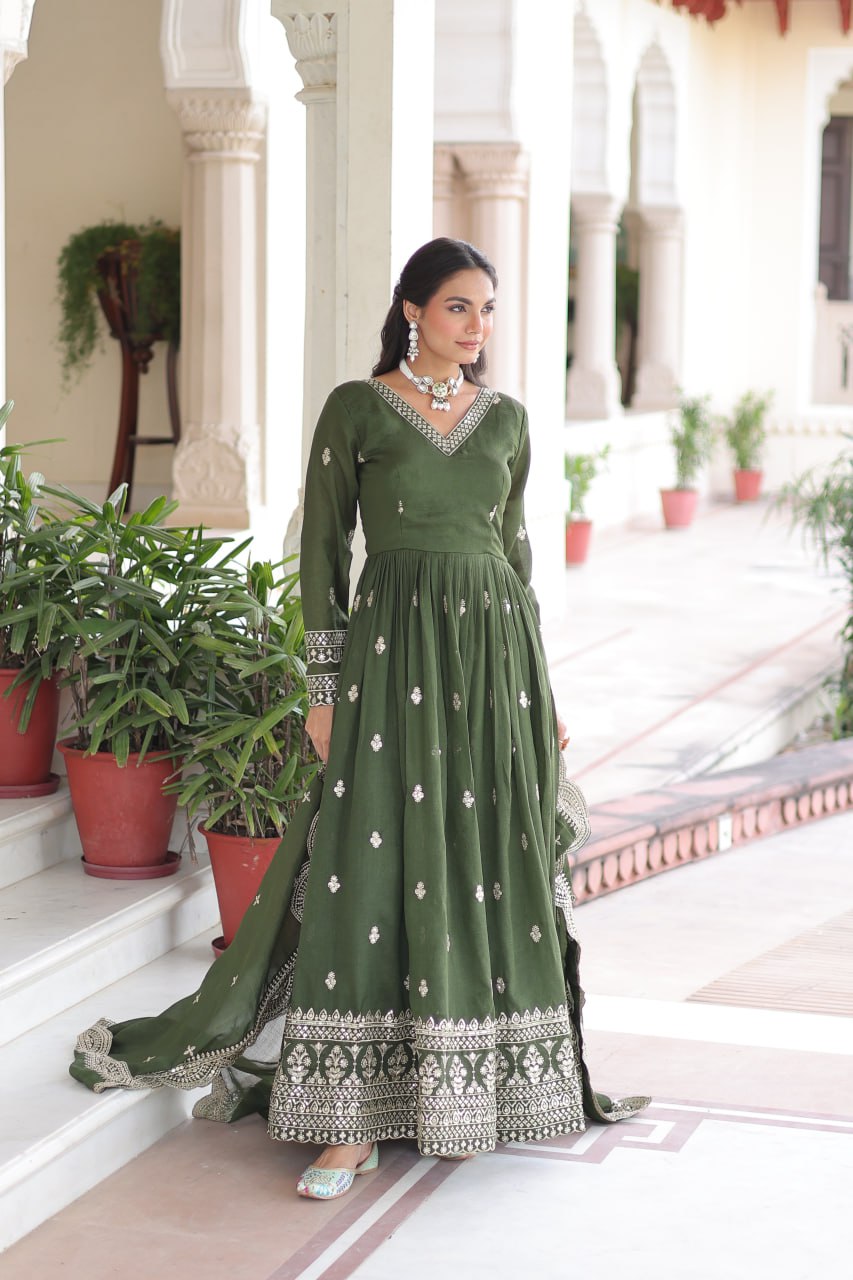 Mehendi Designer Vichitra Silk Embroidered Anarkali Gown with Sequins Zari Cut-Work Dupatta – Fully Stitched Festive Wear ClothsVilla