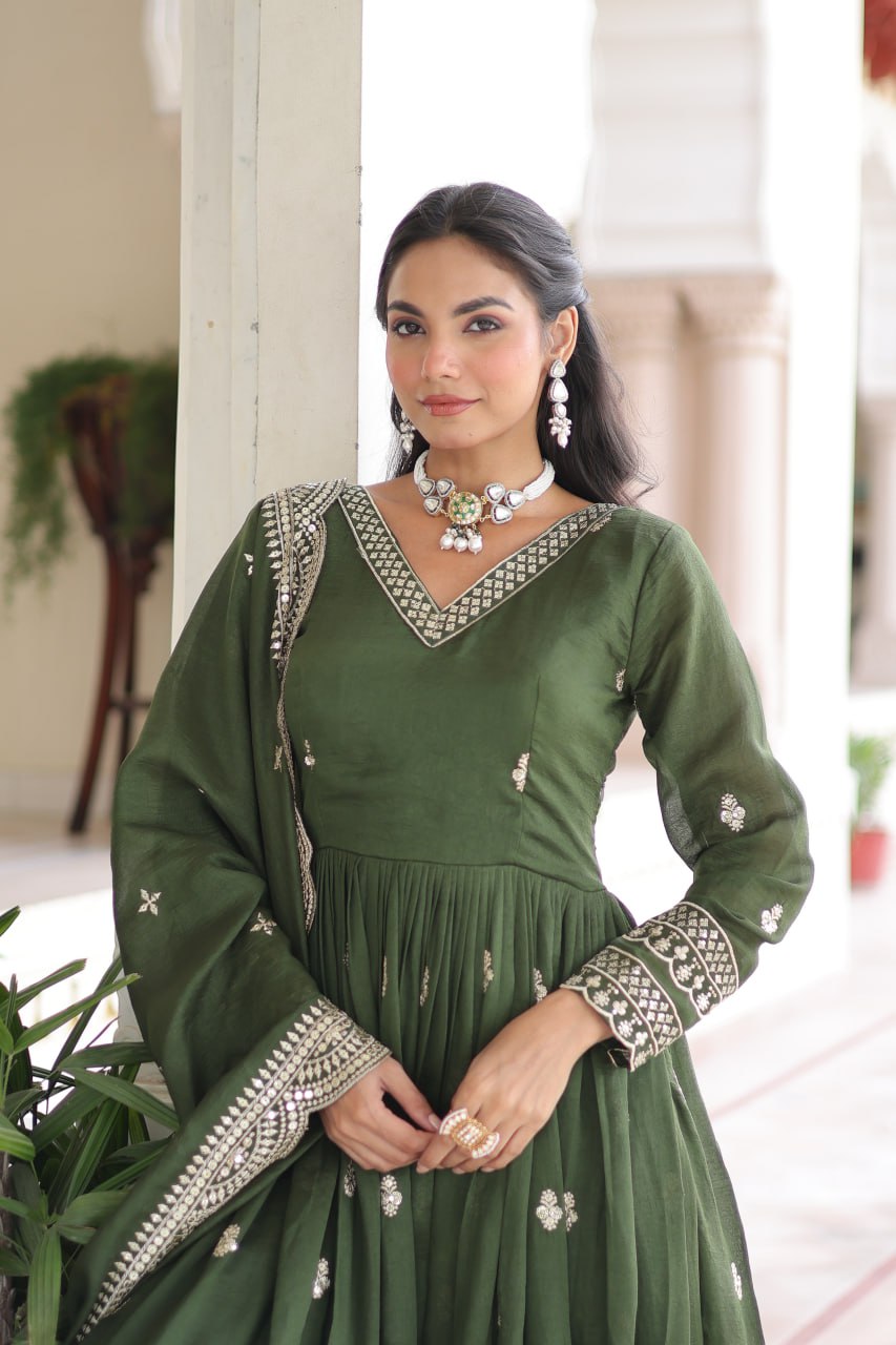 Mehendi Designer Vichitra Silk Embroidered Anarkali Gown with Sequins Zari Cut-Work Dupatta – Fully Stitched Festive Wear ClothsVilla