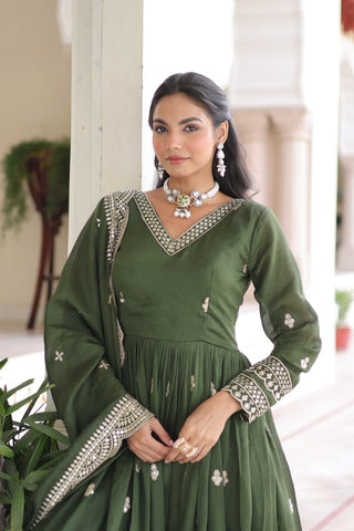 Mehendi Designer Vichitra Silk Embroidered Anarkali Gown with Sequins Zari Cut-Work Dupatta – Fully Stitched Festive Wear ClothsVilla