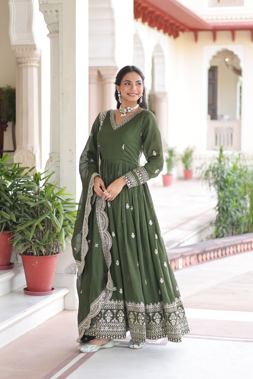 Mehendi Designer Vichitra Silk Embroidered Anarkali Gown with Sequins Zari Cut-Work Dupatta – Fully Stitched Festive Wear ClothsVilla