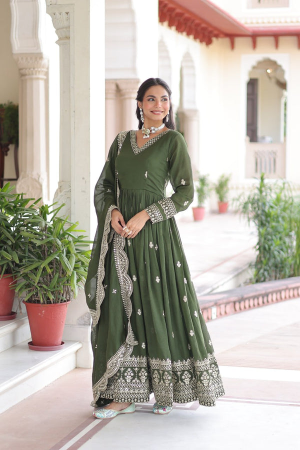 Mehendi Designer Vichitra Silk Embroidered Anarkali Gown with Sequins Zari Cut-Work Dupatta – Fully Stitched Festive Wear ClothsVilla