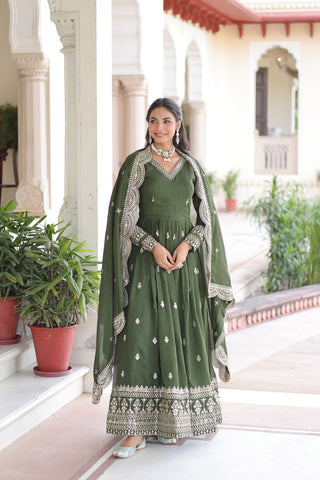Mehendi Designer Vichitra Silk Embroidered Anarkali Gown with Sequins Zari Cut-Work Dupatta – Fully Stitched Festive Wear ClothsVilla