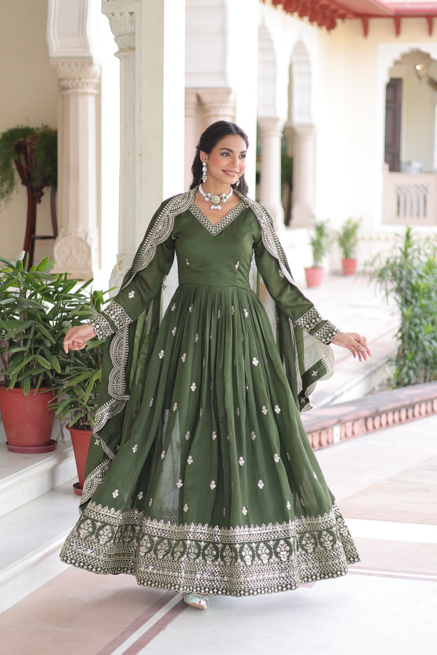Mehendi Designer Vichitra Silk Embroidered Anarkali Gown with Sequins Zari Cut-Work Dupatta – Fully Stitched Festive Wear ClothsVilla