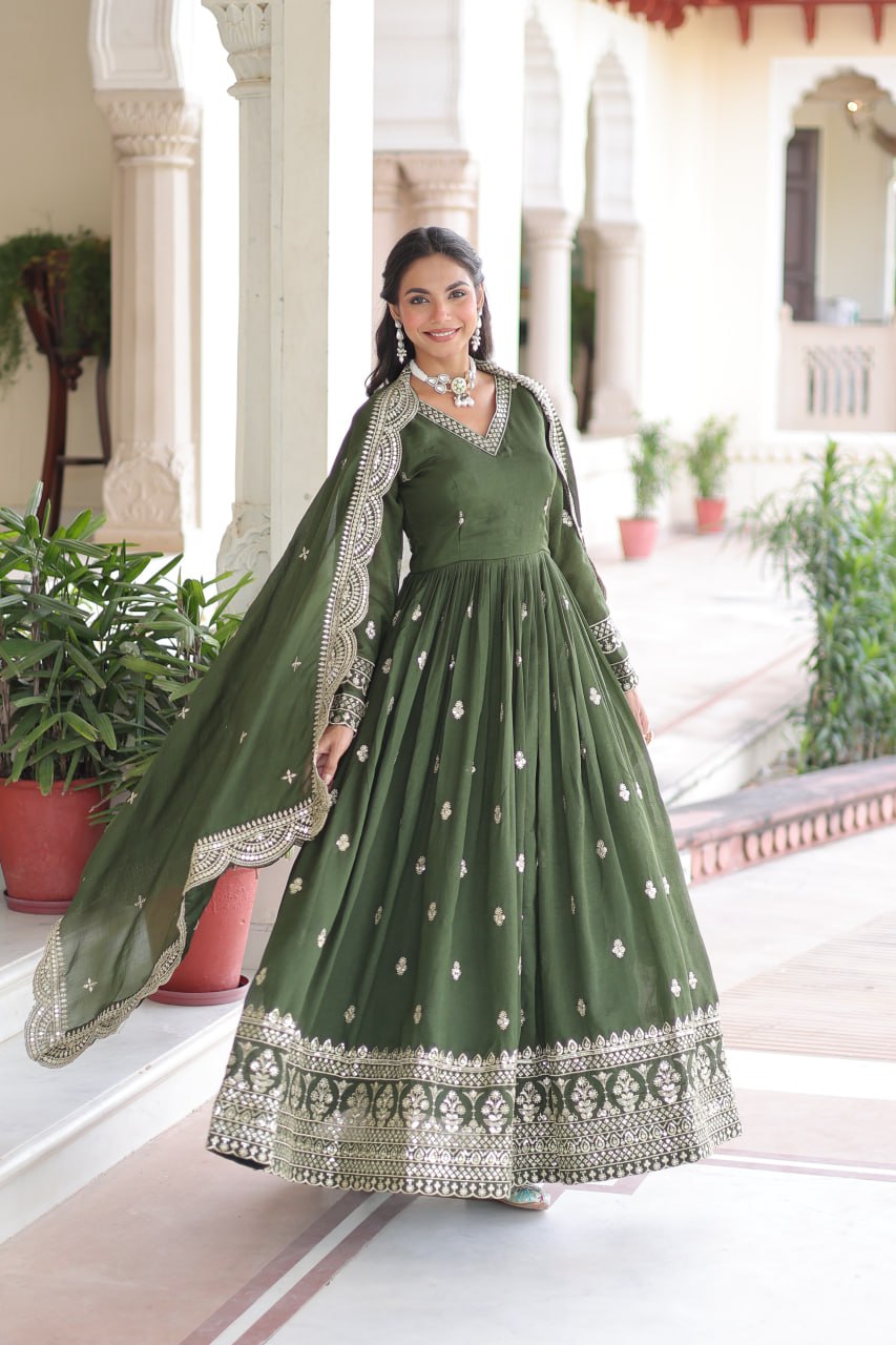 Mehendi Designer Vichitra Silk Embroidered Anarkali Gown with Sequins Zari Cut-Work Dupatta – Fully Stitched Festive Wear ClothsVilla