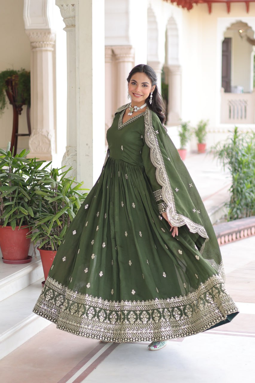 Mehendi Designer Vichitra Silk Embroidered Anarkali Gown with Sequins Zari Cut-Work Dupatta – Fully Stitched Festive Wear ClothsVilla