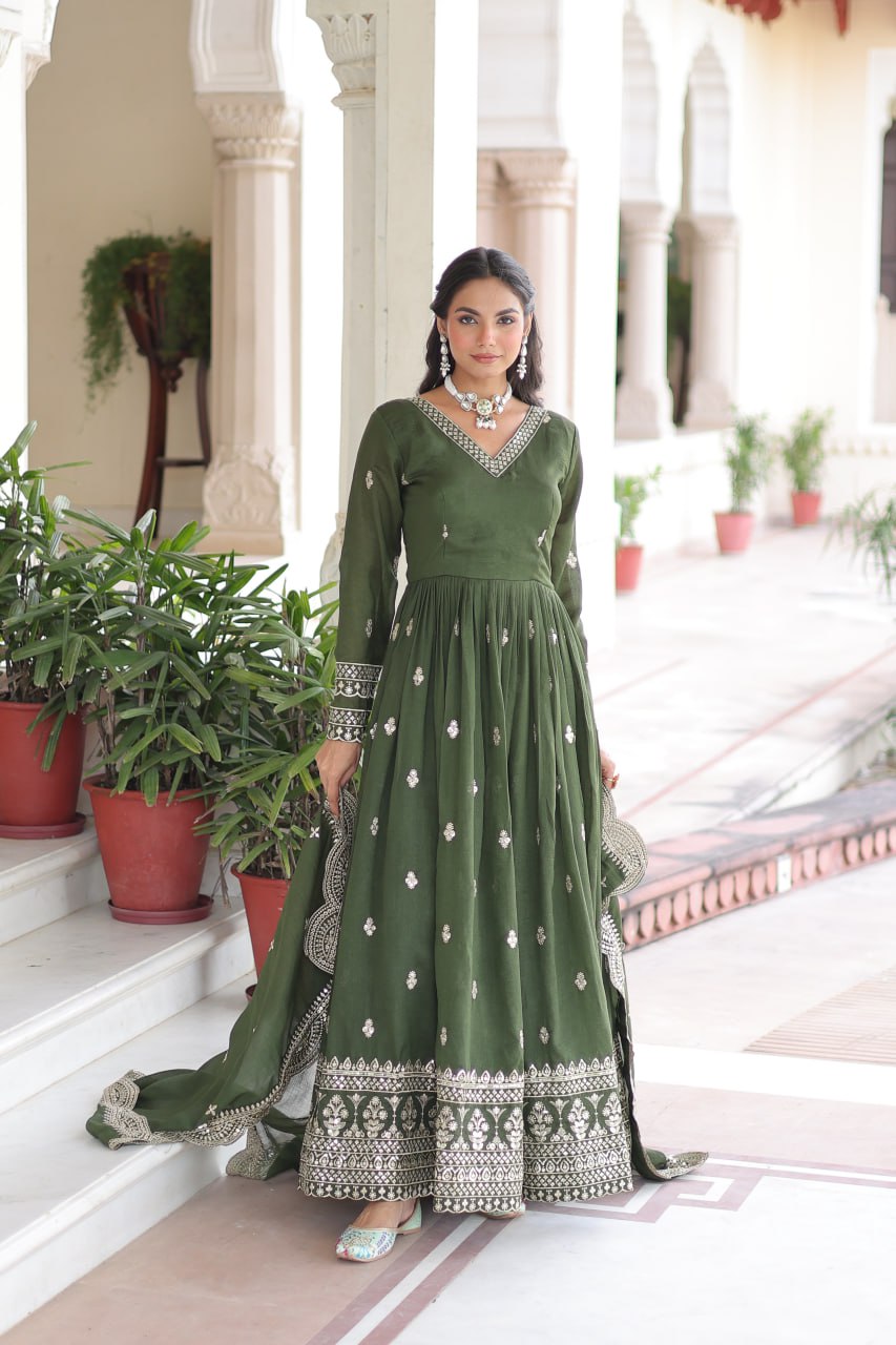 Mehendi Designer Vichitra Silk Embroidered Anarkali Gown with Sequins Zari Cut-Work Dupatta – Fully Stitched Festive Wear ClothsVilla