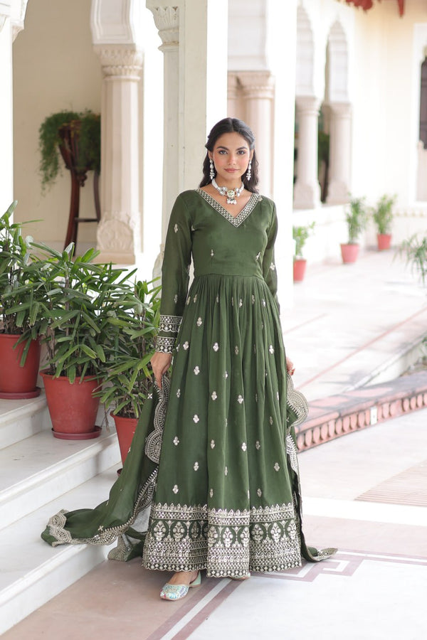Mehendi Designer Vichitra Silk Embroidered Anarkali Gown with Sequins Zari Cut-Work Dupatta – Fully Stitched Festive Wear ClothsVilla