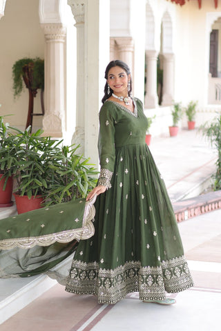 Mehendi Designer Vichitra Silk Embroidered Anarkali Gown with Sequins Zari Cut-Work Dupatta – Fully Stitched Festive Wear ClothsVilla
