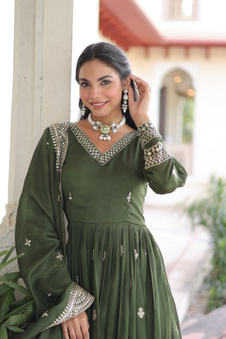 Mehendi Designer Vichitra Silk Embroidered Anarkali Gown with Sequins Zari Cut-Work Dupatta – Fully Stitched Festive Wear ClothsVilla
