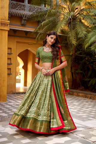Mehendi Dola Silk Batik Print Lehenga Choli Set with Zari Weaving & Matching Dupatta – Fully Stitched Designer Ethnic Wear ClothsVilla