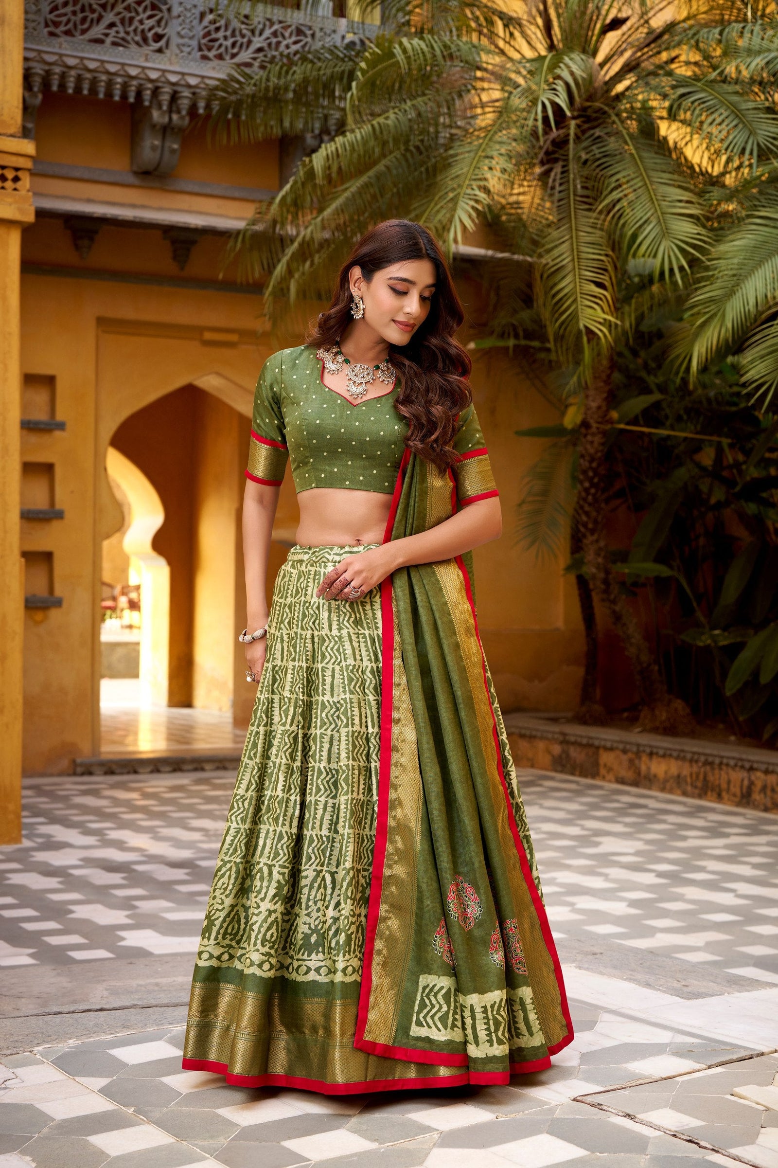 Mehendi Dola Silk Batik Print Lehenga Choli Set with Zari Weaving & Matching Dupatta – Fully Stitched Designer Ethnic Wear ClothsVilla