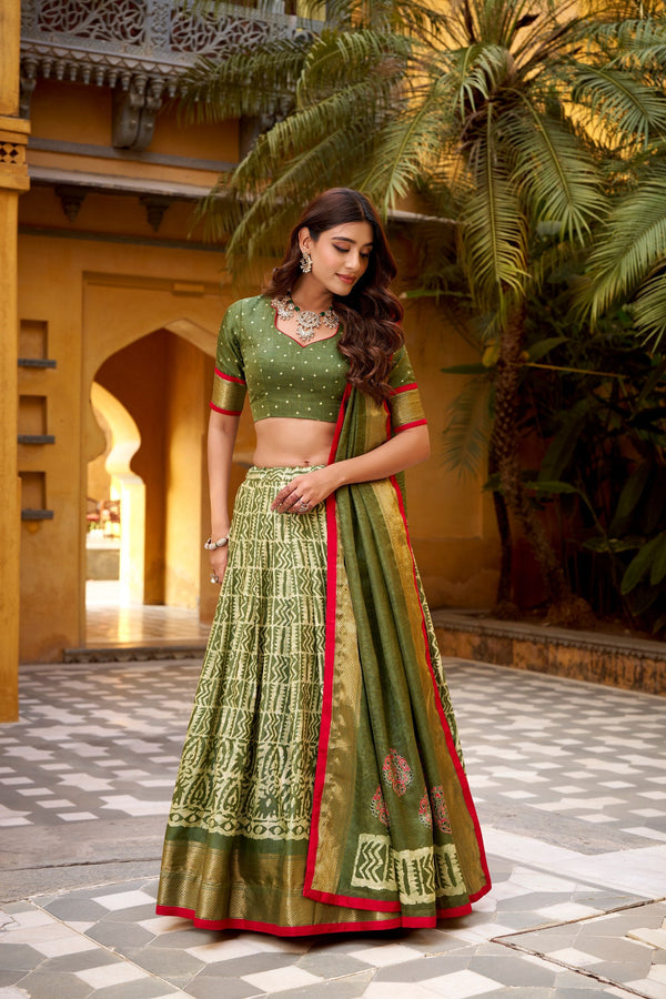 Mehendi Dola Silk Batik Print Lehenga Choli Set with Zari Weaving & Matching Dupatta – Fully Stitched Designer Ethnic Wear ClothsVilla