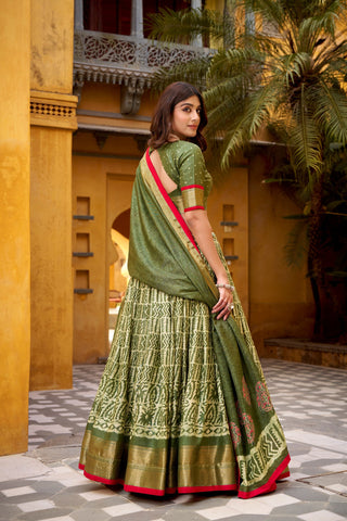 Mehendi Dola Silk Batik Print Lehenga Choli Set with Zari Weaving & Matching Dupatta – Fully Stitched Designer Ethnic Wear ClothsVilla