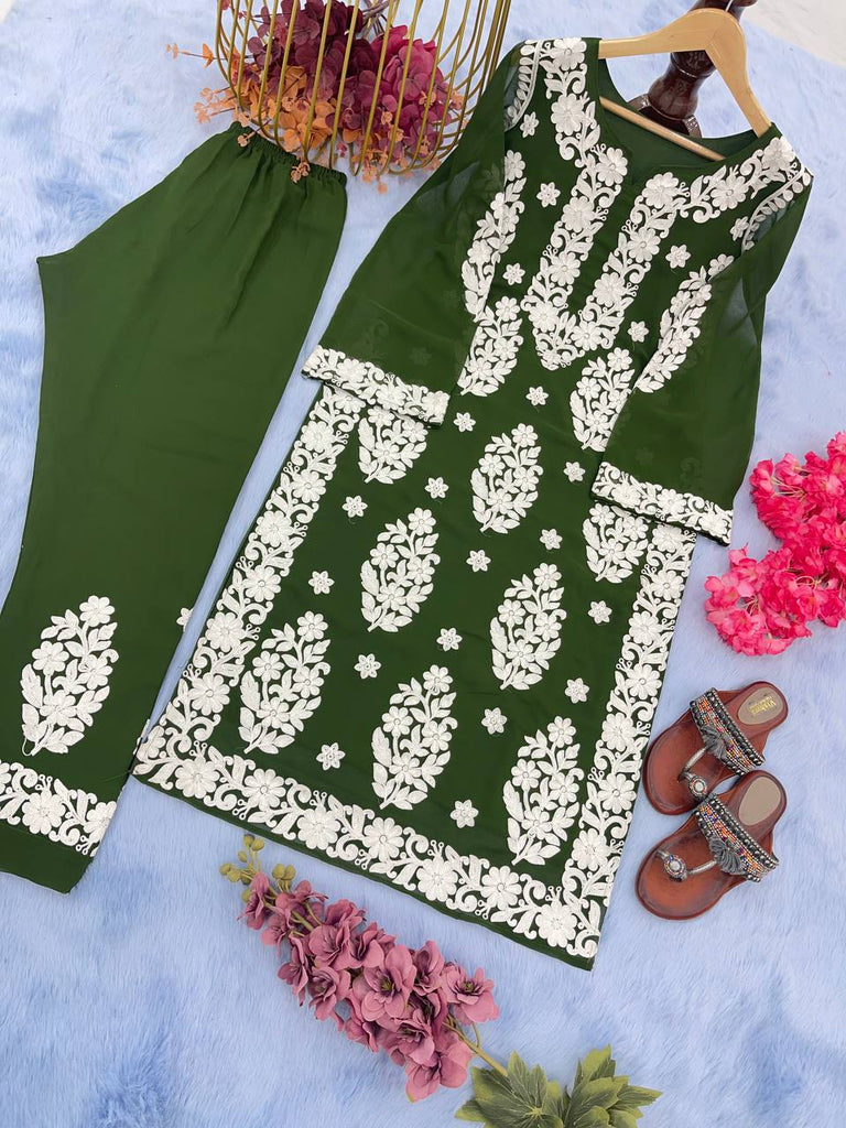 Mehendi Elegant Chikankari Designer Kurta & Bottom Set – Perfect Ethnic Look ClothsVilla