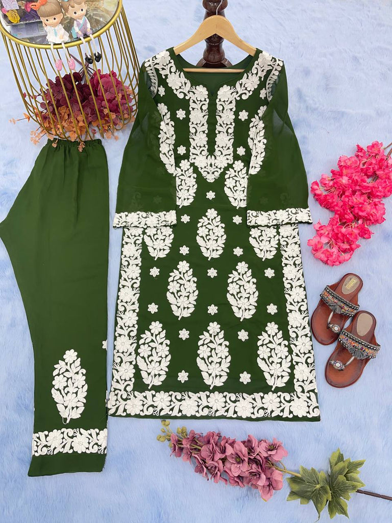 Mehendi Elegant Chikankari Designer Kurta & Bottom Set – Perfect Ethnic Look ClothsVilla