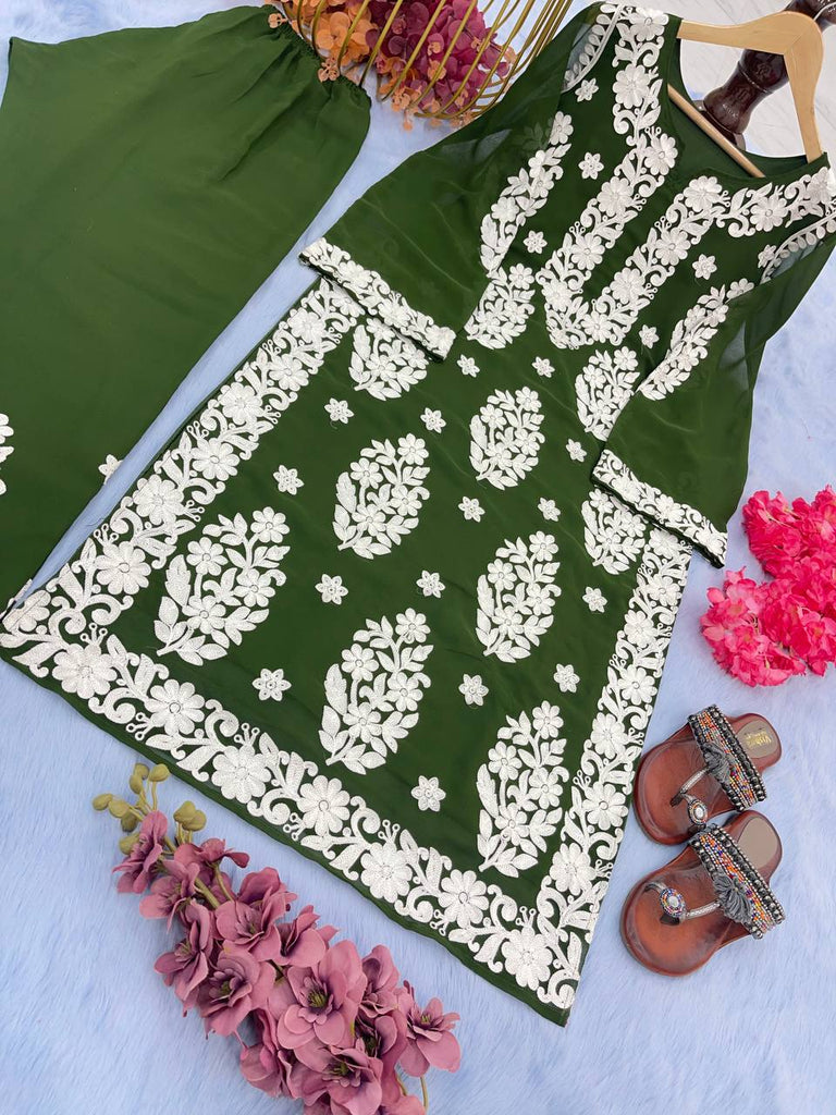 Mehendi Elegant Chikankari Designer Kurta & Bottom Set – Perfect Ethnic Look ClothsVilla