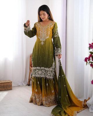 Mehendi Elegant Chinon Silk Ensemble – Top, Plazo & Dupatta ClothsVilla
