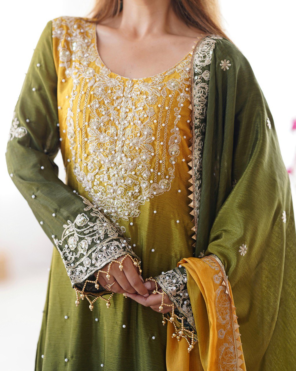 Mehendi Elegant Chinon Silk Ensemble – Top, Plazo & Dupatta ClothsVilla