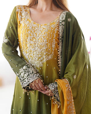 Mehendi Elegant Chinon Silk Ensemble – Top, Plazo & Dupatta ClothsVilla