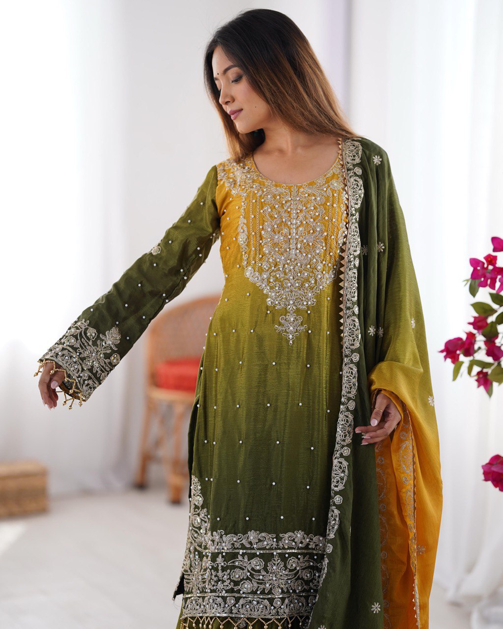 Mehendi Elegant Chinon Silk Ensemble – Top, Plazo & Dupatta ClothsVilla