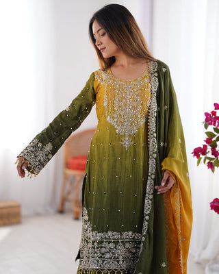 Mehendi Elegant Chinon Silk Ensemble – Top, Plazo & Dupatta ClothsVilla