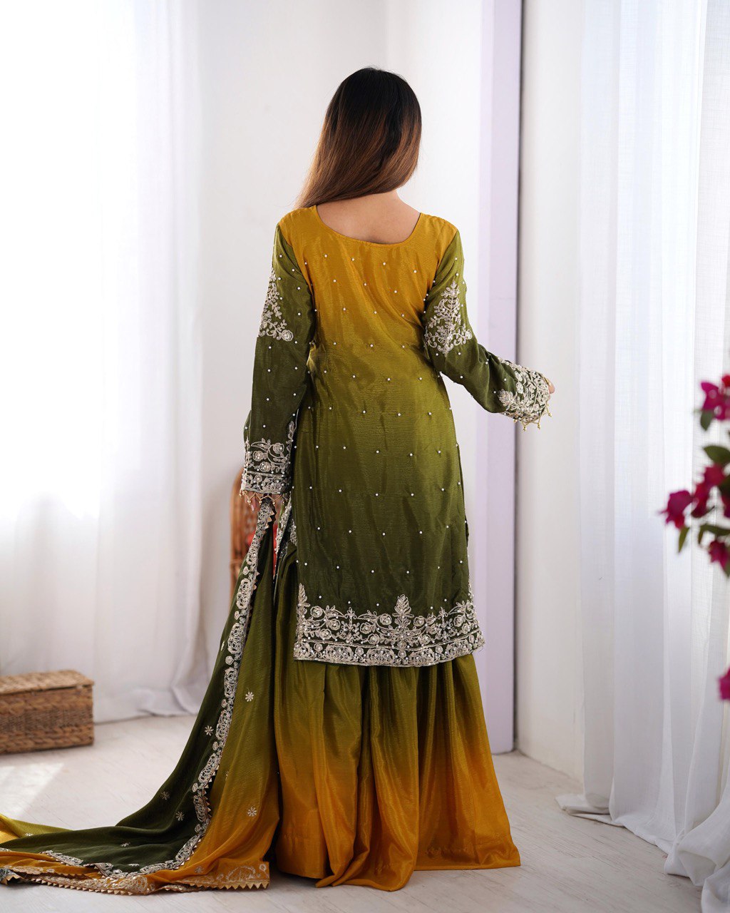 Mehendi Elegant Chinon Silk Ensemble – Top, Plazo & Dupatta ClothsVilla