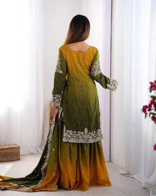 Mehendi Elegant Chinon Silk Ensemble – Top, Plazo & Dupatta ClothsVilla