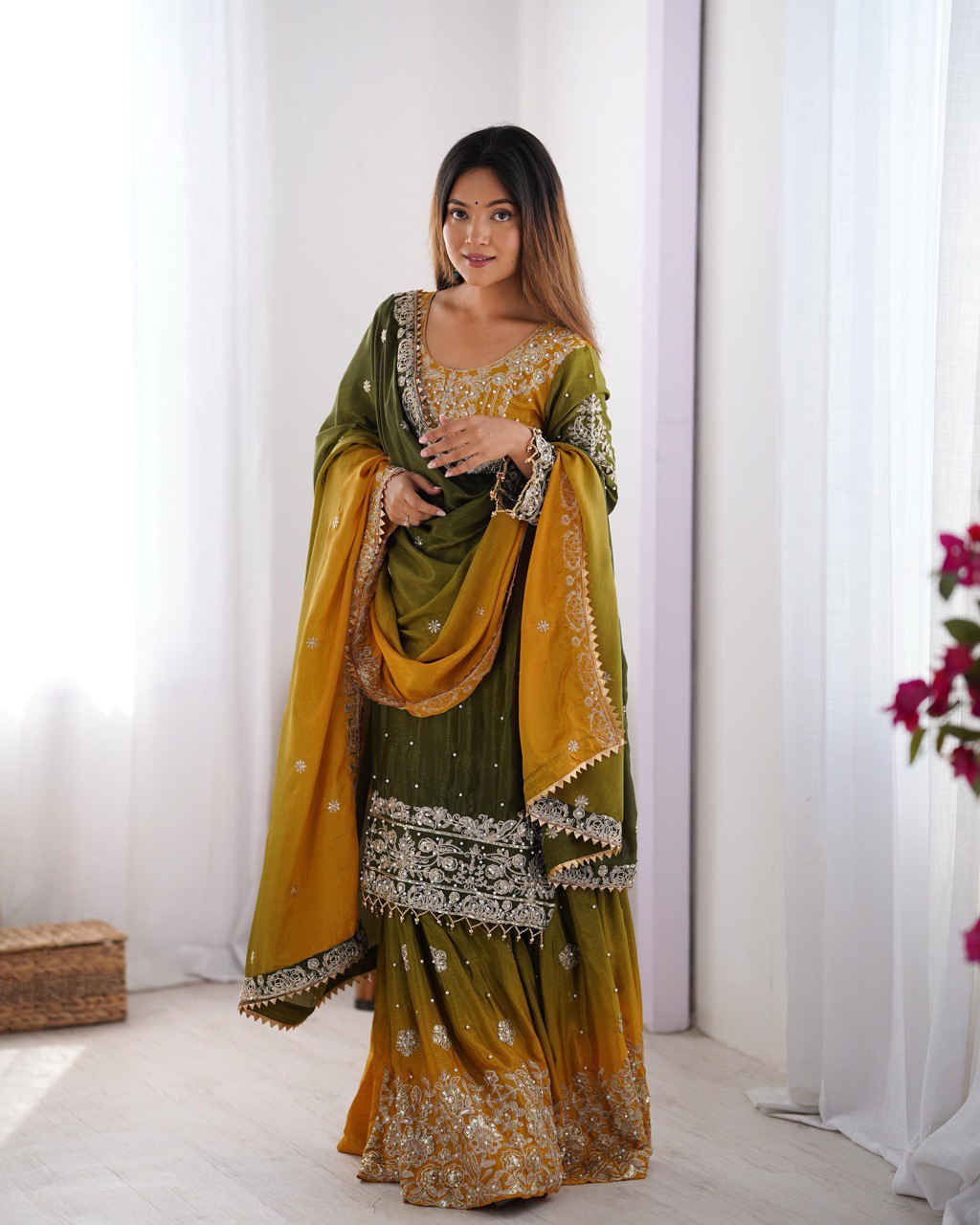 Mehendi Elegant Chinon Silk Ensemble – Top, Plazo & Dupatta ClothsVilla