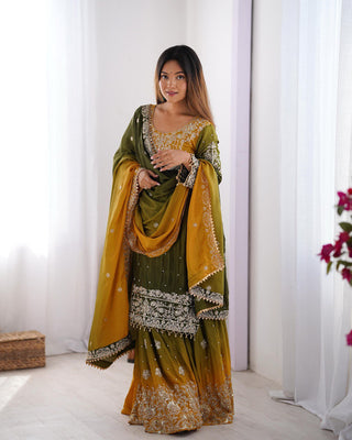 Mehendi Elegant Chinon Silk Ensemble – Top, Plazo & Dupatta ClothsVilla