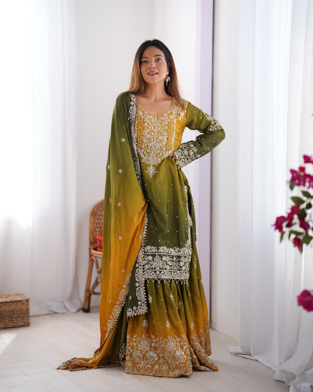 Mehendi Elegant Chinon Silk Ensemble – Top, Plazo & Dupatta ClothsVilla Main image