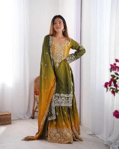 Mehendi Elegant Chinon Silk Ensemble – Top, Plazo & Dupatta ClothsVilla
