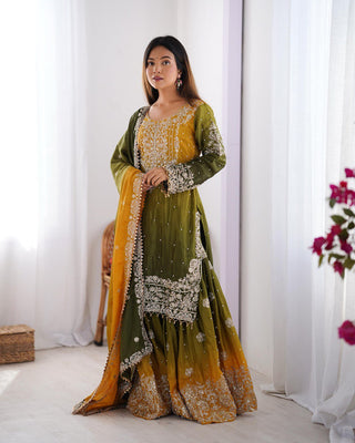 Mehendi Elegant Chinon Silk Ensemble – Top, Plazo & Dupatta ClothsVilla