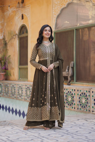 Mehendi Elegant Embroidered Faux Georgette Kurti Set with Pant & Dupatta – Luxe Ethnic Wear