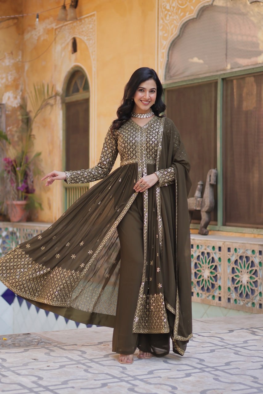 Mehendi Elegant Embroidered Faux Georgette Kurti Set with Pant & Dupatta – Luxe Ethnic Wear