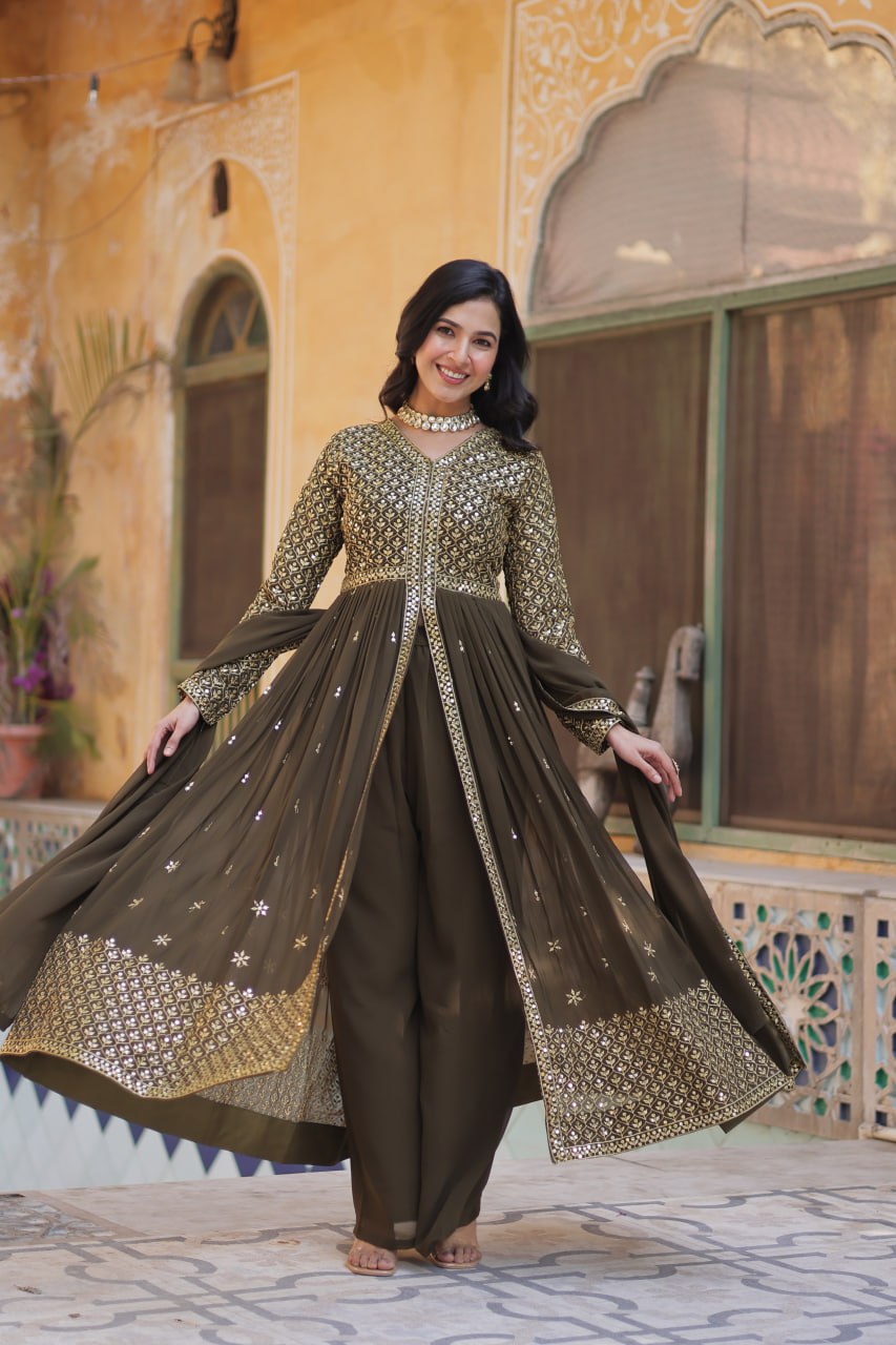 Mehendi Elegant Embroidered Faux Georgette Kurti Set with Pant & Dupatta – Luxe Ethnic Wear