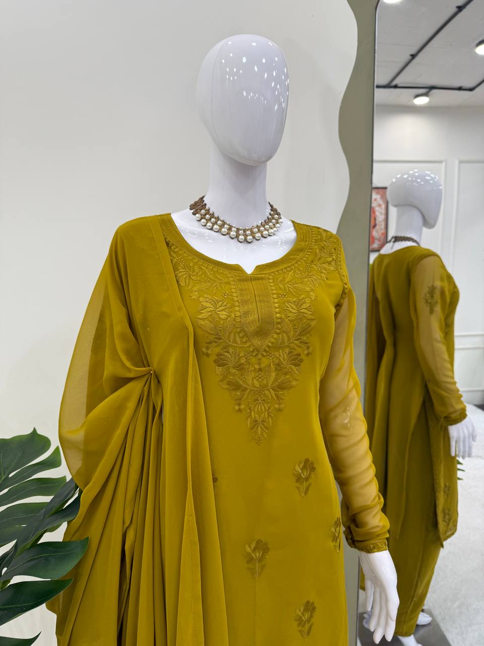 Mehendi Elegant Faux Georgette Pant Set with Intricate Thread Work & Dupatta ClothsVilla