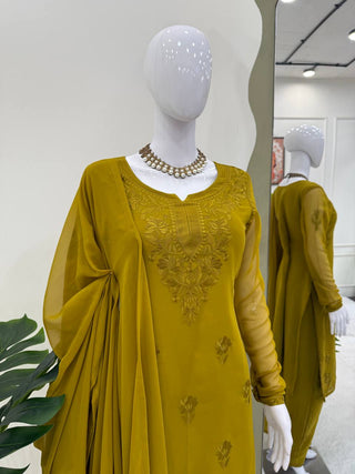 Mehendi Elegant Faux Georgette Pant Set with Intricate Thread Work & Dupatta ClothsVilla