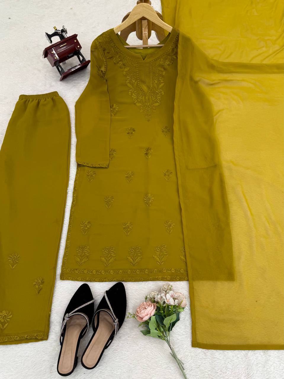 Mehendi Elegant Faux Georgette Pant Set with Intricate Thread Work & Dupatta ClothsVilla