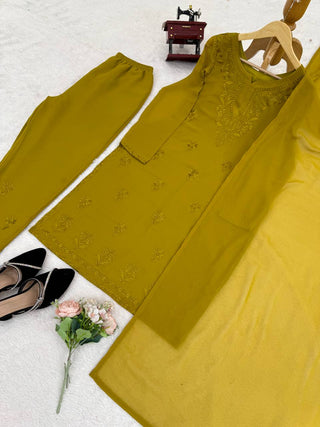 Mehendi Elegant Faux Georgette Pant Set with Intricate Thread Work & Dupatta ClothsVilla