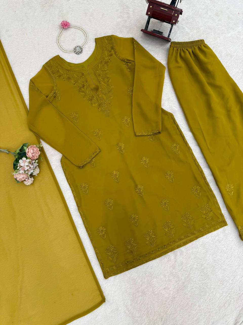 Mehendi Elegant Faux Georgette Pant Set with Intricate Thread Work & Dupatta ClothsVilla