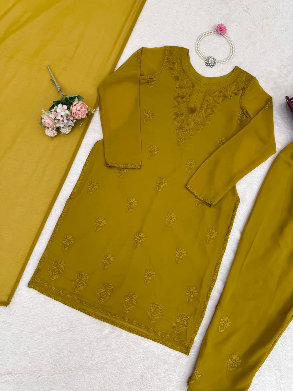 Mehendi Elegant Faux Georgette Pant Set with Intricate Thread Work & Dupatta ClothsVilla